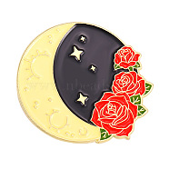 Spring Theme Alloy Brooches, Enamel Moon & Flower Lapel Pin, for Backpack Clothes, Golden, Red, 29x31mm(SPRI-PW0001-109H)