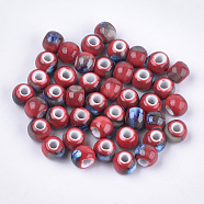 Handmade Porcelain Beads, Fancy Antique Glazed Porcelain, Round, Red, 7.5~8x7~7.5mm, Hole: 2~2.5mm(PORC-S498-19A-06)