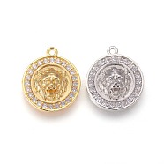 Brass Micro Pave Cubic Zirconia Pendants, Long-Lasting Plated, Flat Round with Lion Head, Clear, Mixed Color, 18x16x4mm, Hole: 1.2mm(KK-F809-08)