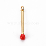 Brass Enamel Pendants, with Jump Ring, Cadmium Free & Nickel Free & Lead Free, Match, Real 16K Gold Plated, Red, 30x4.5mm, Jump Ring: 5x1mm, 3mm inner diameter(X-KK-S362-032C-NR)