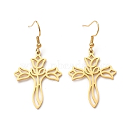 304 Stainless Steel Hollow Out Cross with Flower Dangle Earrings for Women, Golden, 52mm, Pin: 0.7mm(EJEW-P222-02G)