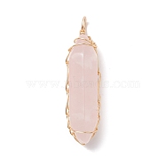 Natural Rose Quartz Copper Wire Wrapped Pendants, Double Termimal Pointed Faceted Bullet Charms, Light Gold, 37~38x10x9.5mm, Hole: 2.5mm(PALLOY-JF02059-01)