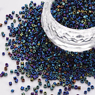 Frosted Plated Glass Cylinder Beads, Seed Beads, Metallic Colours, Round Hole, Marine Blue, 1.5~2x1~2mm, Hole: 0.8mm, about 8000pcs/bag, about 1pound/bag(SEED-S047-F-001)