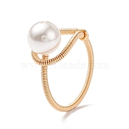 Shell Pearl Beaded Finger Ring, Brass Wire Wrap for Women, Light Gold, US Size 7 1/4(17.5mm)(RJEW-TA00048)