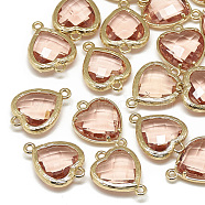 Glass Links connectors, with Golden Tone Brass Findings, Faceted, Heart, Dark Salmon, 16x11.5x4.5mm, Hole: 1mm(GLAA-Q068-09B-14)