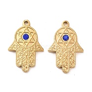 304 Stainless Steel Pendants, with Sapphire Rhinestone, Hamsa Hand with Star of David Charms, Real 14K Gold Plated, 28x19x3mm, Hole: 2.2mm(STAS-L022-052G-01)