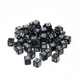 Opaque Plated Acrylic Beads, Metal Enlaced, Horizontal Hole, Mixed Letters, Cube, Silver Plated, 5.5~6x5.5~6x5.5~6mm, Hole: 3.5mm, about 3000pcs/500g(SACR-S297-12)
