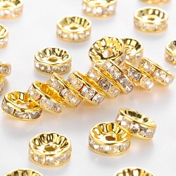 Brass Rhinestone Spacer Beads, Grade B, Clear, Golden Metal Color, Size: about 10mm in diameter, 4mm thick, hole: 2mm(RSB039-B01G)