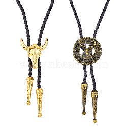 2Pcs 2 Style Adjustable Vintage PU Leather Bolo Ties, Alloy Cattle Pendants Lariat Necklaces Set, Mixed Color, 42.91~43.46 inch(109~110.4cm), 1Pc/style(NJEW-HY0001-01)