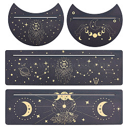 4Pcs 4 Style Carved Wood Candle Holders, Wooden Card Stand for Tarot, Witch Divination Tools, Moon-shaped & Rectangle, Black, Mixed Patterns, 130~254x100~76.2x5mm, 1pc/style(DJEW-GF0001-48C)