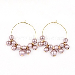 Wine Glass Charms, with Glass Pearl Beads and Brass Hoop Earrings, Golden, Rosy Brown, 42.5~43x36~37.5x8mm, Pin: 0.6mm(EJEW-JE03184-04)