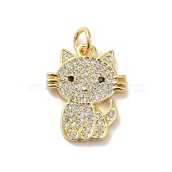 Rack Plating Brass Micro Pave Cubic Zirconia Pendants, with Jump Ring, Long-Lasting Plated, Cadmium Free & Lead Free, Cat, Real 18K Gold Plated, 19x14.8x2mm, Hole: 3mm(KK-C047-15G)