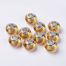 Glass European Beads, with  Silver Plated Brass Single Core, Faceted, Rondelle, Goldenrod, 14x9mm, Hole: 4.5mm(RPDL-K001-C12)