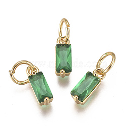 Brass Micro Pave Cubic Zirconia Charms, Long-Lasting Plated, with Jump Ring, Real 18K Gold Plated, Rectangle, Green, 10x3x3mm, Hole: 3mm(ZIRC-F111-03G-07)