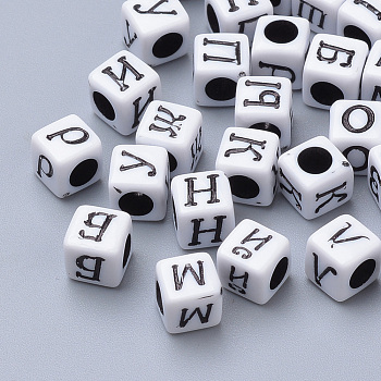 Craft Acrylic Beads, Cube with Russian Alphabet, Black, 6x6x6mm, Hole: 3mm, about 3000pcs/500g