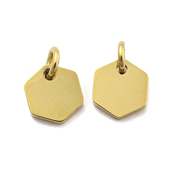 304 Stainless Steel Charms, with Jump Ring, Laser Cut, Hexagon Charm, Real 14K Gold Plated, 8x8x1mm, Hole: 3mm