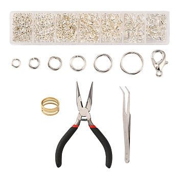 DIY Jewelry Making Finding Kit, Including Brass Jump Rings & Open Jump Rings, Zinc Alloy Lobster Claw Clasps, Tweezers, Pliers, Silver, 1182Pcs/bag