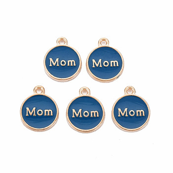 Alloy Enamel Charms, Cadmium Free & Lead Free, Light Gold, Flat Round with Mom, Marine Blue, 14.5x12x2mm, Hole: 1.4mm