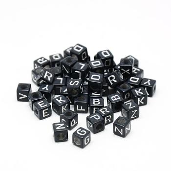 Opaque Plated Acrylic Beads, Metal Enlaced, Horizontal Hole, Mixed Letters, Cube, Silver Plated, 5.5~6x5.5~6x5.5~6mm, Hole: 3.5mm, about 3000pcs/500g