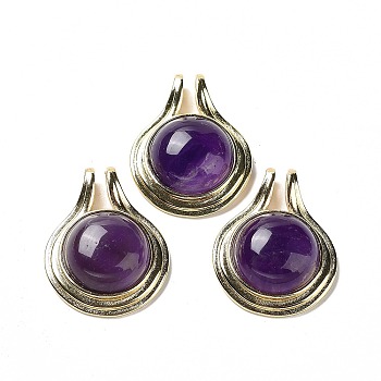 Natural Amethyst Pendants, Rack Plating Golden Plated Brass Half Round Charms, Cadmium Free & Lead Free, 28x22.5x10mm, Hole: 2x4mm