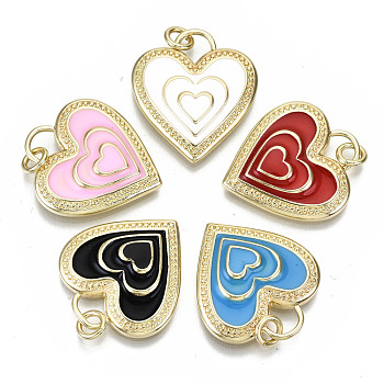 Brass Enamel Pendants, with  Jump Ring, Heart in Heart, Real 18K Gold Plated, Nickel Free, Mixed Color, 22x20x4mm, Jump Ring: 5x1mm, 3mm inner diameter