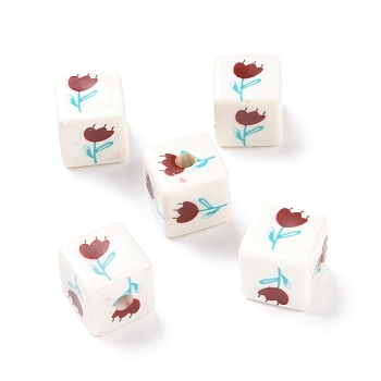 Opaque Printed Acrylic Beads, Cube with Flower Pattern, Dark Red, 13.5x13.5x13.5mm, Hole: 3.8mm