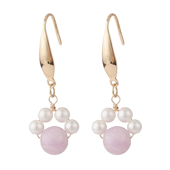 Round Natural Kunzite & Shell Pearl Beads Dangle Earring, Gemstone Beads Braided Ring Drop Earrings for Women, Golden, 40mm, Pin: 0.7mm