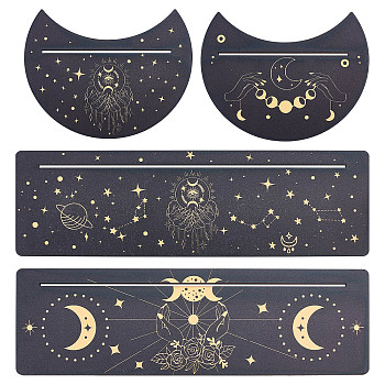 4Pcs 4 Style Carved Wood Candle Holders, Wooden Card Stand for Tarot, Witch Divination Tools, Moon-shaped & Rectangle, Black, Mixed Patterns, 130~254x100~76.2x5mm, 1pc/style