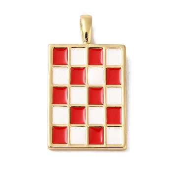 Brass Enamel Pendants, Long-Lasting Plated, Lead Free & Cadmium Free, Rectangle with Tartan Charms, Real 18K Gold Plated, Red, 31x17x2mm, Hole: 5x3mm