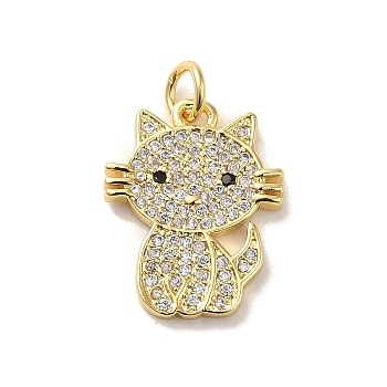 Rack Plating Brass Micro Pave Cubic Zirconia Pendants, with Jump Ring, Long-Lasting Plated, Cadmium Free & Lead Free, Cat, Real 18K Gold Plated, 19x14.8x2mm, Hole: 3mm