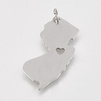 201 Stainless Steel Pendants, Map of New Jersey, Stainless Steel Color, 27x14x1mm, Hole: 3mm