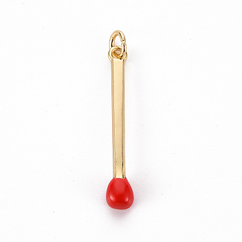 Brass Enamel Pendants, with Jump Ring, Cadmium Free & Nickel Free & Lead Free, Match, Real 16K Gold Plated, Red, 30x4.5mm, Jump Ring: 5x1mm, 3mm inner diameter