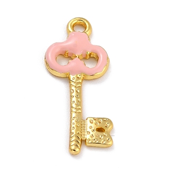 Golden Alloy Enamel Pendants, Long-Lasting Plated, Key, Pink, 27x12x2mm, Hole: 1.8mm