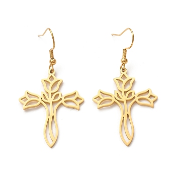 304 Stainless Steel Hollow Out Cross with Flower Dangle Earrings for Women, Golden, 52mm, Pin: 0.7mm