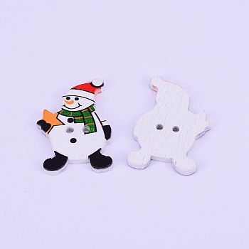2-Hole Printed Wooden Buttons, for Sewing Crafting, for Christmas, Dyed, Christmas Snowman with Star, Colorful, 31.5x21.5x2.5mm, Hole: 2.5mm