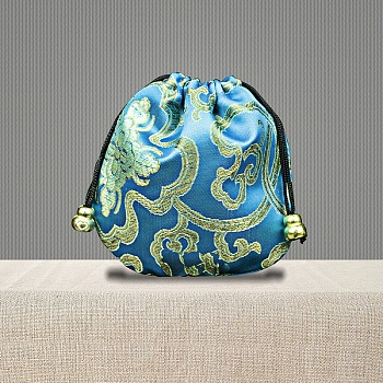 Chinese Style Brocade Drawstring Gift Blessing Bags, Embroidery Cloud Jewelry Storage Pouches for Wedding Party Candy Packaging, Rectangle, Deep Sky Blue, 10x10cm