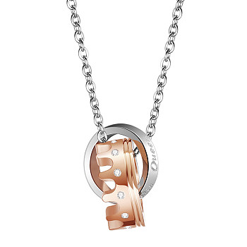 SHEGRACE Titanium Steel Pendant Necklaces, with Clear Grade AAA Cubic Zirconia and Cable Chain, Crown with Word, Platinum & Rose Gold, 18.89 inch(48cm)