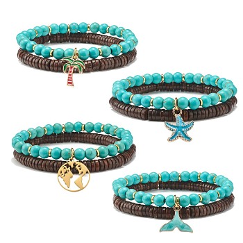 Natural Coconut & Synthetic Turquoise(Dyed) Beads Stretch Bracelets Set, Alloy Enamel Charm Bracelets for Women, Mixed Shape, Inner Diameter: 2-1/8~2-3/8 inch(5.5~6cm), 2pcs/set
