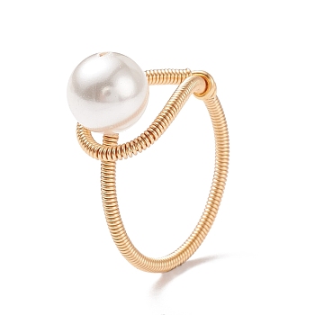 Shell Pearl Beaded Finger Ring, Brass Wire Wrap for Women, Light Gold, US Size 7 1/4(17.5mm)