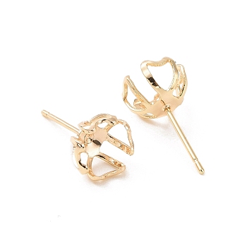 Ion Plating(IP) Brass Stud Earring Findings, Heart Prong Earring Settings, Real 18K Gold Plated, 8x6mm, Inner Diameter: 7mm, Pin: 0.8mm