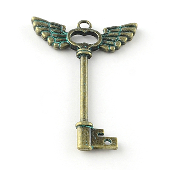 Skeleton Key Zinc Alloy Big Pendants, Cadmium Free & Lead Free, Antique Bronze & Green Patina, 58.5x40x4mm, Hole: 3.5mm