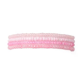 4Pcs Rondelle Glass Seed Beaded Stretch Bracelet Sets, Stackable Bracelets for Women, Pink, Inner Diameter: 2-5/8 inch(6.8cm), about 4Pcs/Set