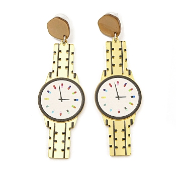 Sparkling Acrylic Watch Dangle Stud Earrings with 304 Stainless Steel Pins, Gold, 86x26.5mm