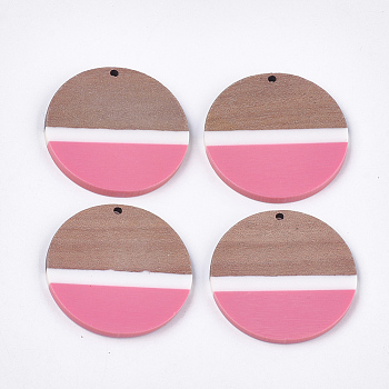 Resin & Walnut Wood Pendants, Flat Round, Hot Pink, 38~38.5x3mm, Hole: 2mm