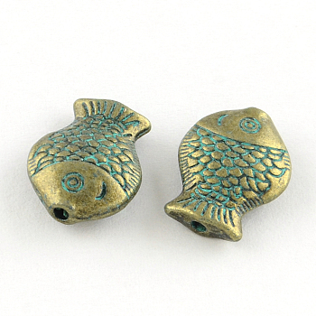 Fish Zinc Alloy Beads, Cadmium Free & Lead Free, Antique Bronze & Green Patina, 14x10.5x4.5mm, Hole: 1.5mm