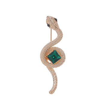 Light Gold Plated Alloy Glass Safety Pin Brooch, Snake, Green, 46x15mm