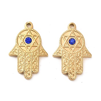 304 Stainless Steel Pendants, with Sapphire Rhinestone, Hamsa Hand with Star of David Charms, Real 14K Gold Plated, 28x19x3mm, Hole: 2.2mm