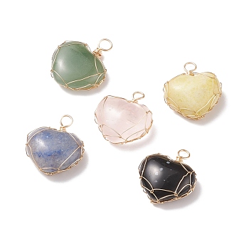 Natural Mixed Stone Pendants, with Real 18K Gold Plated Copper Wire Wrapped, Heart, 27.5x23.5x11mm, Hole: 3.8mm