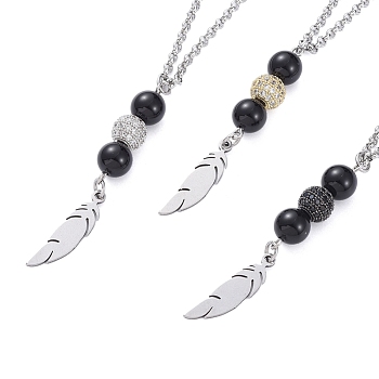 Pendant Necklaces, with Brass Cubic Zirconia Beads, Natural Black Agate Beads, 304 Stainless Steel Rolo Chains and Lobster Claw Clasps, Feather, Mixed Color, 17.79 inch(45.2cm)
