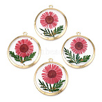 Alloy Epoxy Resin Pendants, with Handmade Dried Flower Inside, Flat Round Charms, Light Gold, Cerise, 38x34x2.5mm, Hole: 2mm(X1-PALLOY-TAC0044-82)
